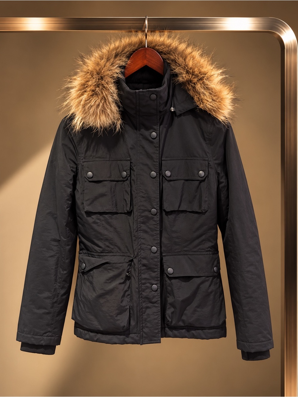 Vince Black Nylon Utility Jacket Removable Genuine Fur Trim Hood Quilted XS